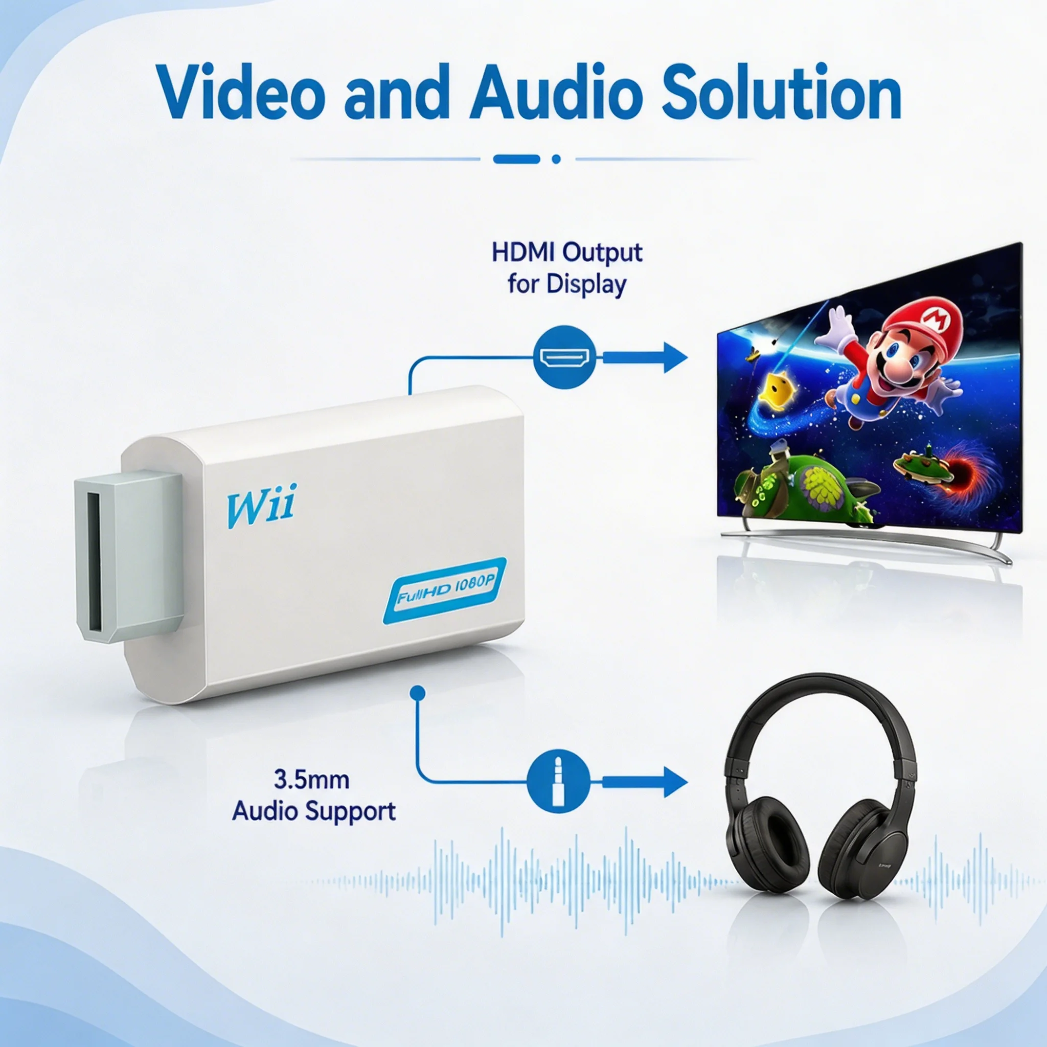 PC HDTV 모니터 디스플레이용 3.5mm 잭 오디오 비디오 케이블 720P가 있는 Wii 콘솔 변환기용 풀 HD HDMI 호환 어댑터