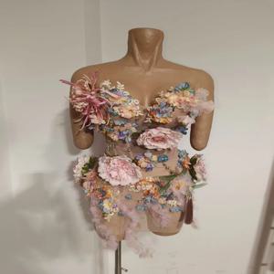 요정 여왕 3D 꽃무늬 코르셋 의상 파스텔 수제 꽃망사 세트 엘프 코스프레 무대 캣워크 쇼 공연 사진 촬영