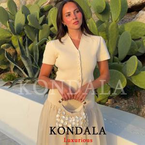 KONDALA 캐주얼 여성 니트 스커트 슈트 v 넥 버튼 반소매 카디건 롱 스커트 패션 2026 여름 휴가 우아한 세트