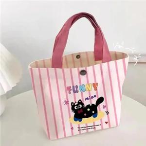 핑크색 물방울 무늬 고양이 캔버스 핸드백, 귀여운 미니 도파민 도시락 가방 일상 통근 야외 쇼핑을 위한 경량 토트백