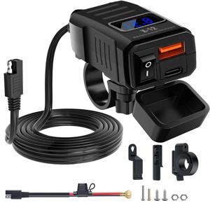 PD QC3.0 오토바이 USB 충전기 핸들바 전압계 스위치가 있는 듀얼 USB 포트 방수 12V 어댑터 전화 GPS용 고속 충전