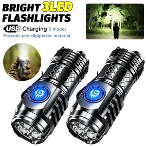 울트라 브라이트 미니 키체인 토치 3LED 전술 손전등 USB 충전식 야외 방수 하이킹 캠핑 캡 클립 손전등