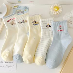 Dreamlikelin 5pairs/Pack 2026 새로운 도착 여성용 양말 봄 여름, 한국 스타일 만화 동물 개 프린트 발목 양말