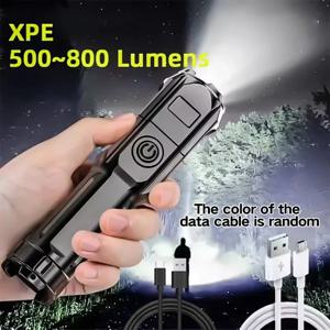 컴팩트 USB 충전 LED 손전등 휴대용 텔레스코픽 줌 강력한 조명 집중 장거리 가정용 비상 조명