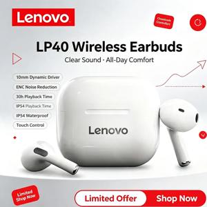 레노버 LP40 무선 이어버드 블루투스 5.0 헤드폰 터치 컨트롤 스테레오 사운드 이어폰 스포츠 방수 미니 TWS 이어버드