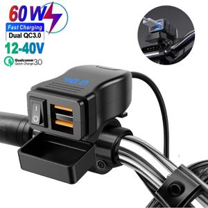 듀얼 QC3.0 오토바이 USB 충전기 핸들바 전압계 스위치가 있는 듀얼 USB 포트 방수 12-40V 고속 충전 어댑터