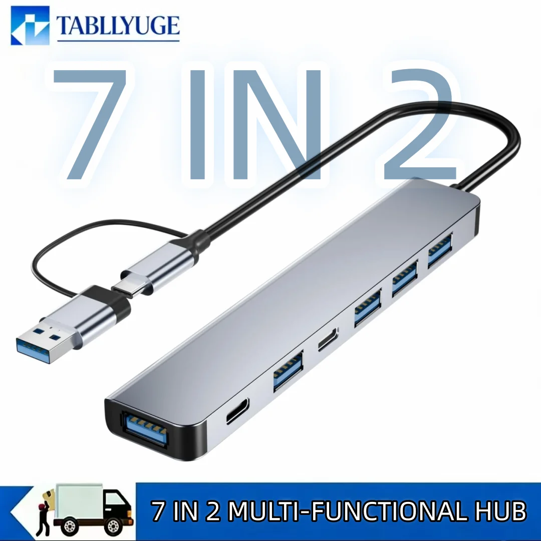 7포트 USB 허브 분배기 1USB3.0+4USB2.0+2USB-C 2.0(5W 전원 공급 장치 포함) 노트북 데스크탑 PC용 고속 멀티포트 확장기