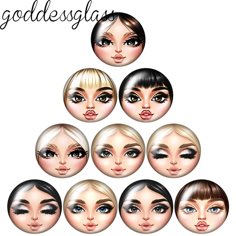 우아한 소녀 레이디 마트료시카 인형 얼굴 10pcs 12mm/18mm/20mm/25mm 라운드 사진 유리 카보숑 플랫 백 액세서리 DIY 쥬얼리