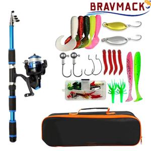 BRAVMACK 여행용 텔레스코픽 낚싯대 풀 키트 스피닝 릴 미끼 훅 휴대용 야외 낚시대 세트