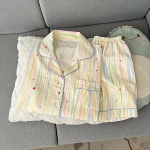 여성용 잠옷, 여름 반팔 반바지, 통기성 좋고 편안한 세트, 라펠 가디건, 홈웨어는 밖에서 입을 수 있습니다