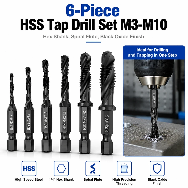6개입 HSS 복합 탭 드릴 비트 세트 M3-M10 1/4인치 육각 샹크 스파이럴 플루트 3-in-1 드릴링 태핑 디버링 블랙 옥사이드 탭 비트