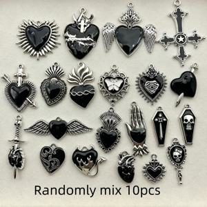 10개 고딕 블랙 에나멜 합금 참 믹스 빈티지 하트 십자가 해골 관 모양 금속 펜던트 DIY 귀걸이 팔찌 열쇠고리용