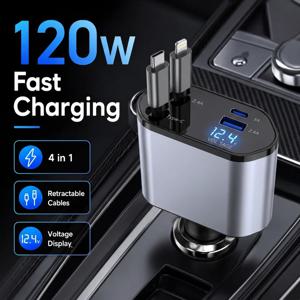 120W 접이식 차량용 충전기 4 in 1 USB C 라이트닝 고속 충전 어댑터 (아이폰, 삼성용) 차량용 액세서리