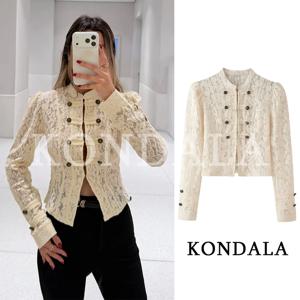 KONDALA 여성 빈티지 세련된 레이스 자켓 2026 여름 초가을 유행 우아한 데이트 디너 자켓 로프 버튼 트림 슬림 자켓