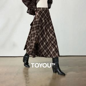 TOYOUTH 여성용 미디 스커트 2026 가을 신상 브러시드 체크 무늬 불규칙한 노마딕 스타일 중간 길이 스커트