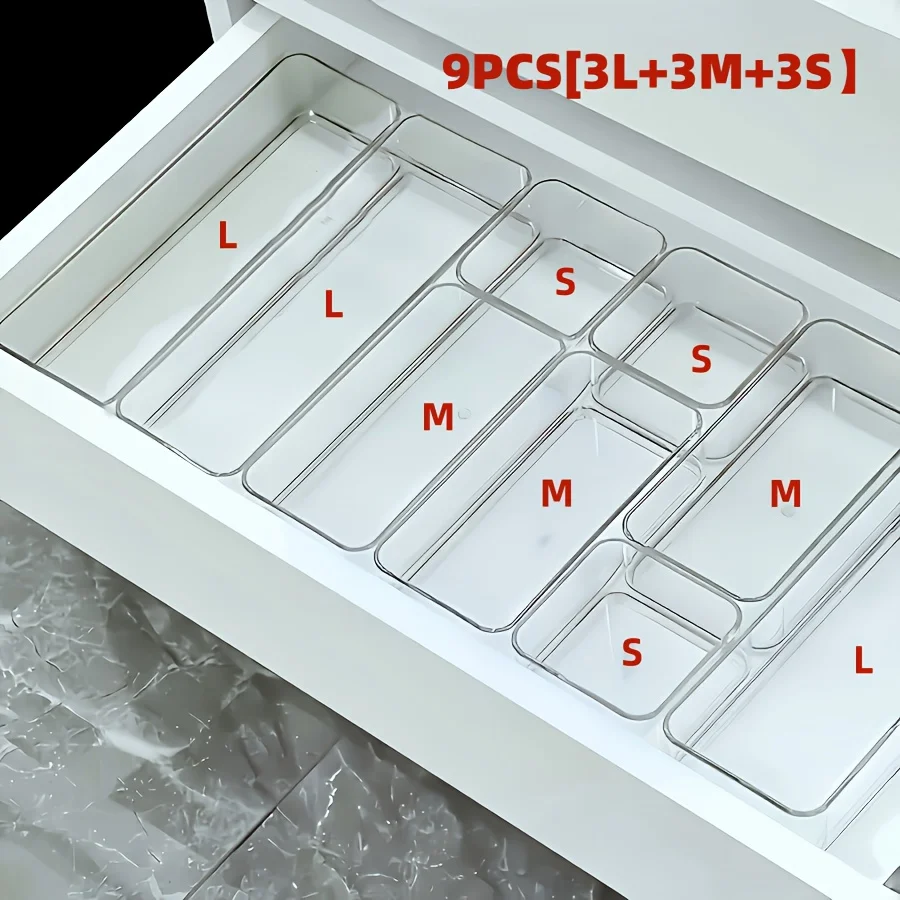 9개 투명 서랍형 수납함, 3S+3M+3L, 가정, 사무실, 주방 및 화장대용 자유롭게 조합 가능한 수납 세트