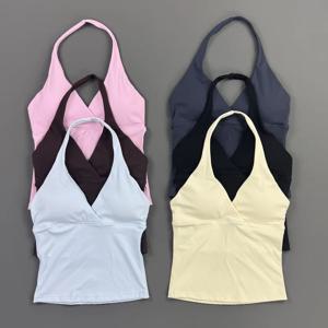 히스텔로 여성용 짐 홀터 스포츠 탱크탑 딥 V넥 패드 슬리브리스 워크아웃 크롭 탱크 피트니스 요가 캐미솔 액티브웨어