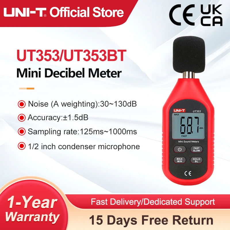 UNI-T 소음 측정기 UT353 UT353BT 소음 레벨 측정기 30~130dB 데시벨 측정기 소음 감지기 디지털 소음계