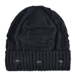 겨울 Beanies 남자 니트 해골 패턴 솔리드 컬러 모자 금속 두개골 Skullies Beanies 남자 니트 두꺼운 모자 벨벳 추가