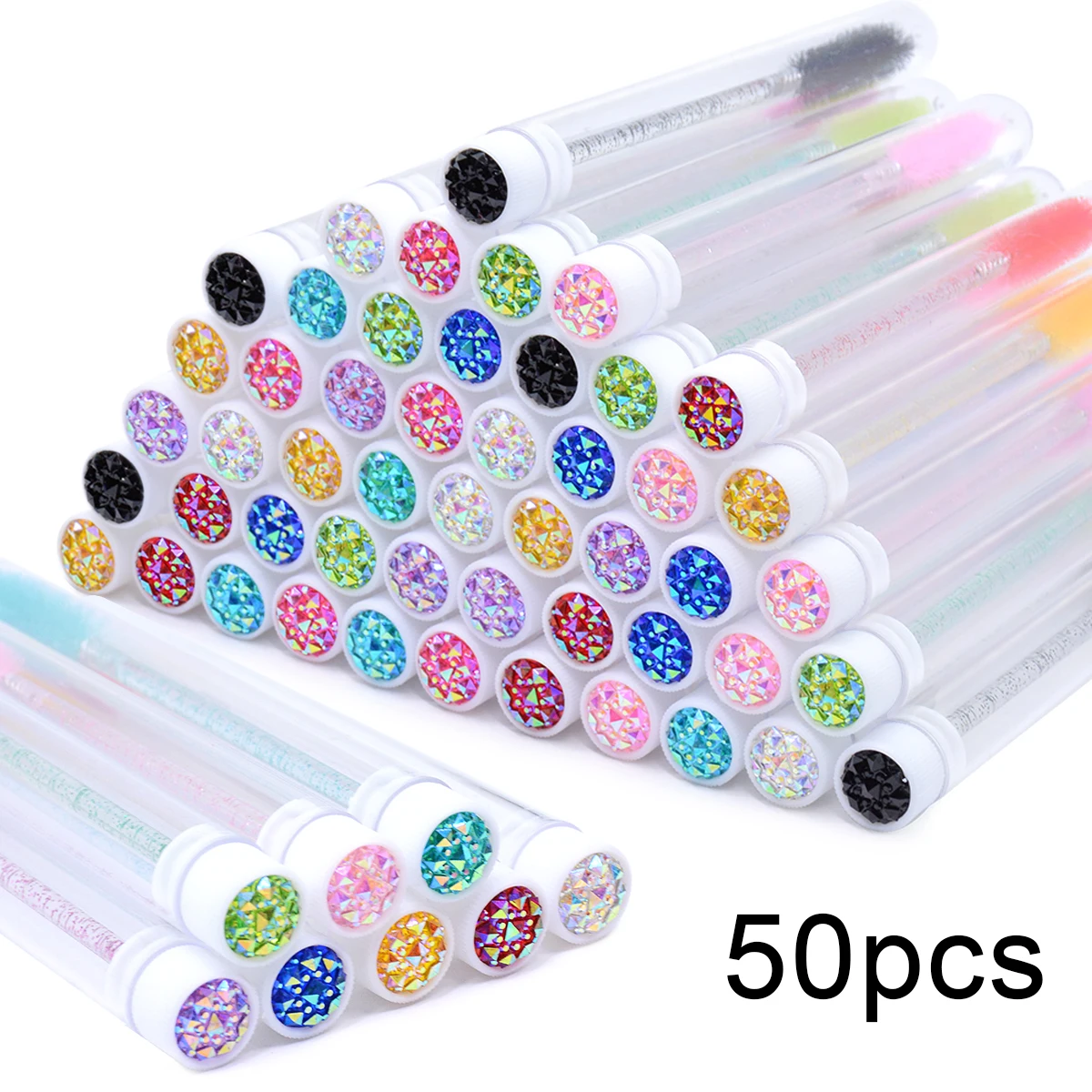 크리스탈 래쉬 마스카라 완드가있는 50Pcs 속눈썹 브러쉬 튜브 눈썹 빗 스풀 컨테이너 래쉬 브러쉬 애플리케이터 메이크업 도구
