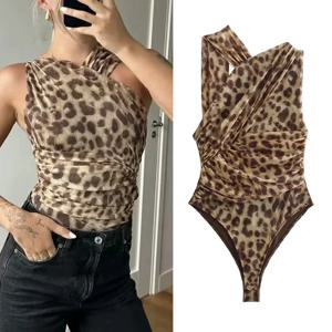 MUJER 2025 여성 바디 레오파드 프린트 메쉬 슬리브리스 바디수트 여성 여름 튤 오프숄더 타이트 바디수트 란제리 섹시 바디