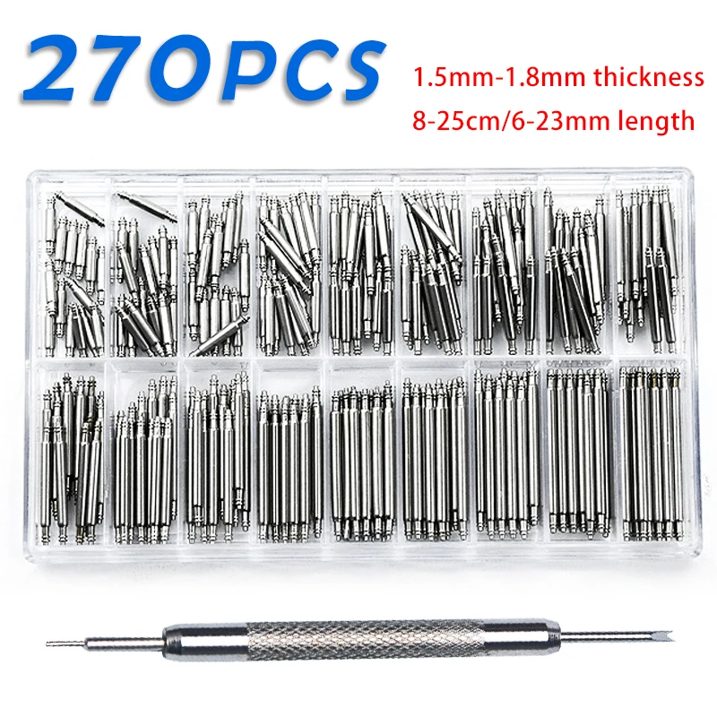 270 개/대 스트레인리스 스틸 스프링 바 직경 1.5mm/1.8mm 길이 8mm - 25mm/6mm - 23mm 시계 밴드 스트랩 벨트 시계 수리 도구 핀