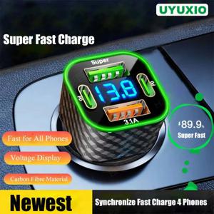 UYUXIO USB C 차량용 전화 충전기 듀얼 PD 4 in 1 전압 디스플레이 포함 iPhone Xiaomi Oppo Vivo Samsung 용 초고속 충전 어댑터