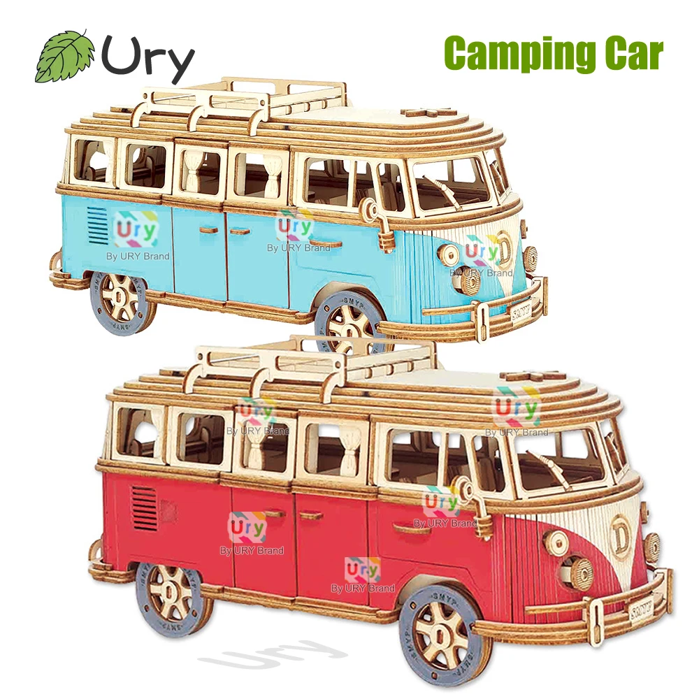 Ury 3D 나무 퍼즐 레트로 캠핑카 버스 클래식 향수 영화 차량 조립 모델 DIY 장식 선물 장난감 성인용