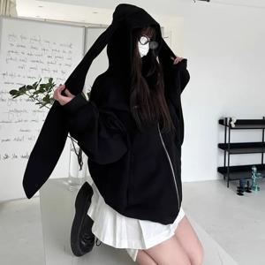 Y2K 스타일 패션 토끼 오버사이즈 집업 후드티 2025 가을 카와이 버니 큰 귀 후드 긴팔 후드티셔츠