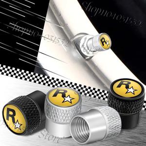 4Pcs 유니버설 금속 합금 R 스타 로고 Rockstar 미적 게임 엠블럼 자동차 휠 타이어 밸브 타이어 에어 케이스 액세서리