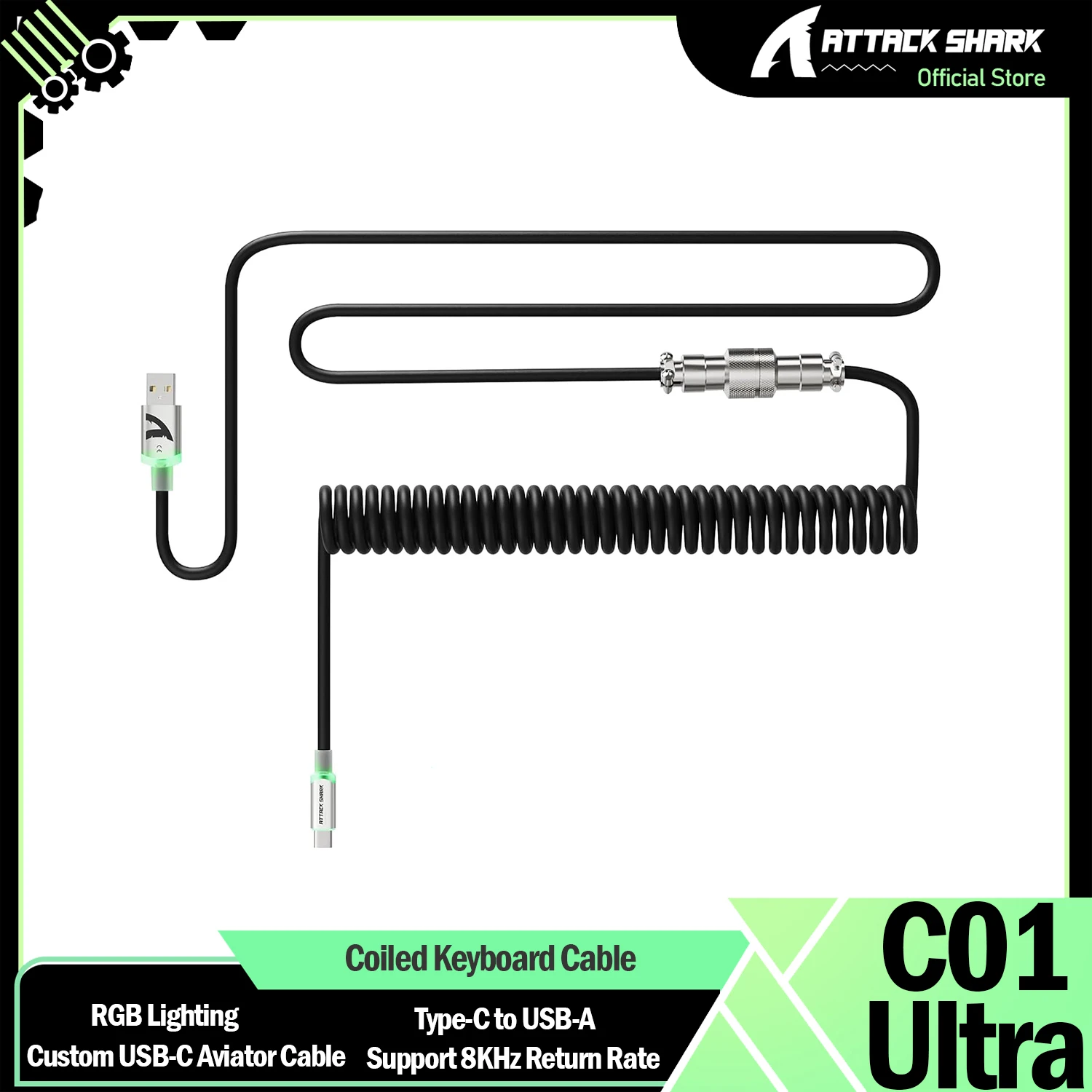 ATTACK SHARK C01Ultra 코일형 키보드 케이블(RGB 조명 포함), 맞춤형 USB-C 에비에이터 케이블, Type-C - USB-A, 8KHz 반환 속도
