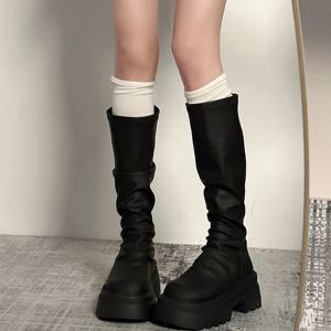 가을 겨울 슬림 여성 무릎 높은 부츠 여성 플랫폼 두꺼운 바닥 긴 부츠 Zapatos De Mujer