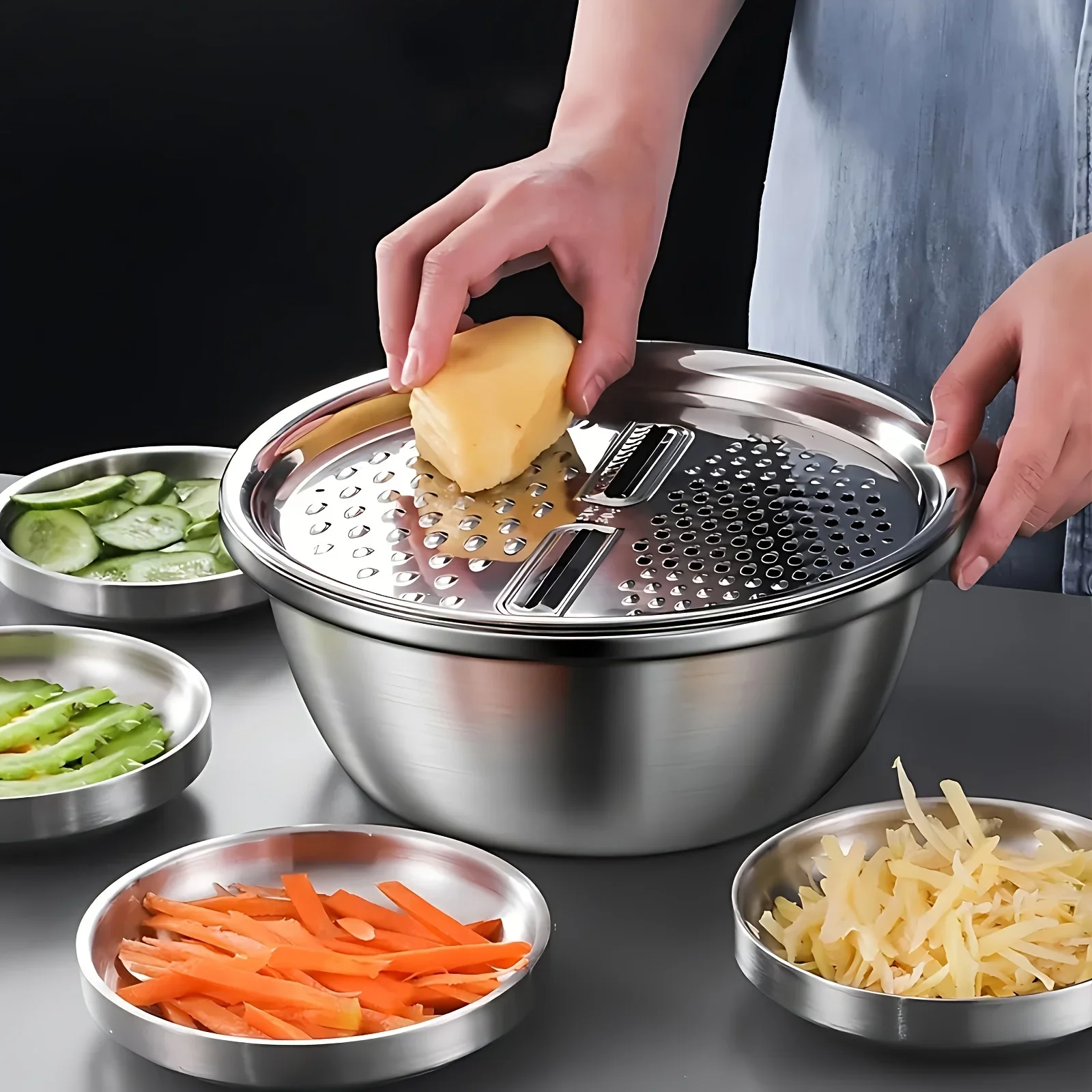 3PCS/1Set 야채 슬라이서, 스테인레스 스틸 슬라이서, 감자 슬라이서, 야채 세척 바asin, 배수 바구니, 다기능