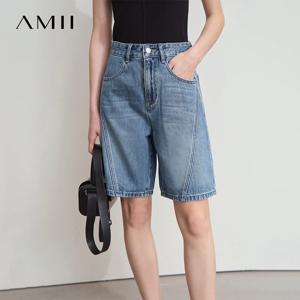 AMII 여성 청바지 반바지 미니멀리스트 2026 여름 새로운 코튼 와이드 레그 팬츠 레이디 캐주얼 포켓 패션 디자인 데님 반바지 12542205