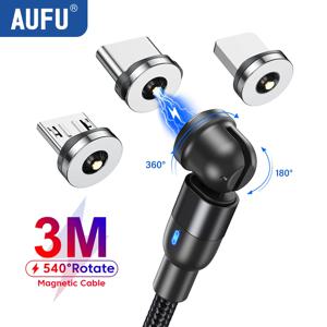 AUFU 540 회전식 마그네틱 타입 C 케이블 3 in 1 고속 충전 케이블 (아이폰, 샤오미, 삼성, 화웨이, 마이크로 USB 마그넷 충전 케이블)