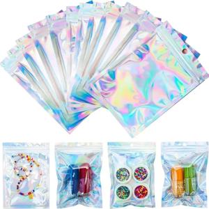 100개 홀로그램 PP 폴리백, 자가 밀봉 스트립 포함, 재사용 가능한 보석 및 휴대폰 케이스 포장 파우치