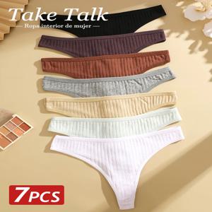 7PCS 여성 섹시 코튼 G 스트링 팬티 솔리드 컬러 리브드 소프트 끈 팬티 여성 로우 웨이스트 팬티 여성 섹시 비키니 란제리