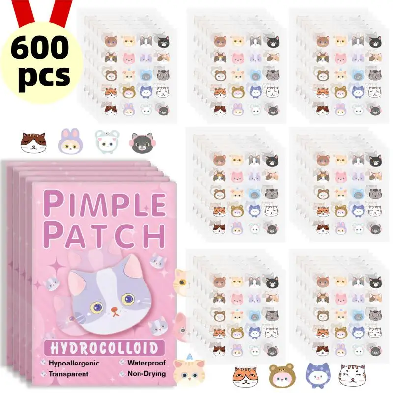 600개 만화 여드름 패치, 귀여운 고양이 모양의 얼굴 컨실러 여드름 패치, 안전하고 무독성 여드름 패치