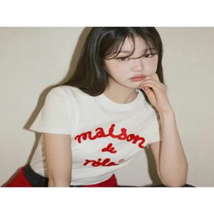 한국 스타일 롤라 장잉 3D 타월 레터 자수 캐주얼 라운드넥 반팔 티셔츠 여성 클린핏 코튼 베이직 탑