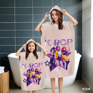 1PC K-팝 걸그룹 후드 목욕 가운 (아동 및 성인용), 마이크로파이버 퀵 드라이 비치 타월, 애니메이션 만화 프린트 (수영장/목욕용)