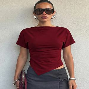 Hugcitar 패션 솔리드 반팔 셔링 섹시한 불규칙한 크롭 티셔츠 탑 여름 여성 의류 streetwear 파티 클럽 도매