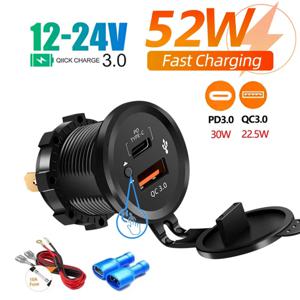 PD QC3.0 듀얼 포트 충전기 소켓 USB 타입 C 전원 콘센트 어댑터 52W 고속 충전 방수 12V/24V 자동차 보트 오토바이용
