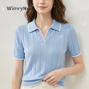 WinvyNee 여름 짧은 소매 여성 솔리드 폴로 칼라 티셔츠 캐주얼 코튼 탑 여성 의류 Y2k 우아한 니트 A1092079
