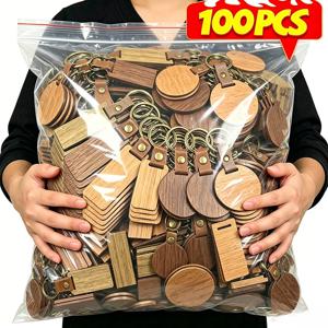 5-100pcs 패션 DIY 나무 빈 키링 간단한 라운드/직사각형 키 체인 친구를위한 나무 Pu 가죽 체인 쥬얼리 키 링