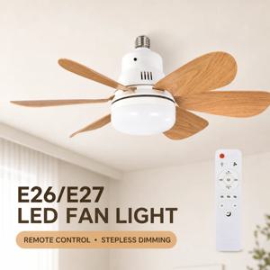 E26 E27 나사식 LED 천장 선풍기 조명 (리모컨 포함), 40W 무단계 조광, 침실, 서재, 사무실용 6개 나무 날개