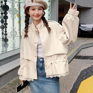 카키 레이스 스플라이싱 숏 코트 여성용 스몰 사이즈 2026 봄 신상 툴링 웨이스트 스탠드업 칼라 트렌치 코트 카키 자켓