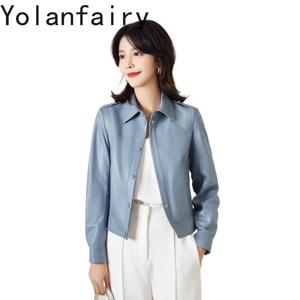 욜란페어리(YOLANFAIRY) 신상, 100% 천연 양가죽 소재의 여성용 세련된 짧은 스타일의 가죽 재킷, 바이크 스타일 의류, 랩펠 디자인