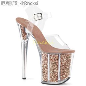 Rncksi 2025 패션 섹시 폴 댄스 여름 20cm PVC 여성 샌들 얇은 하이힐 샌들 슬립 온 사이즈 35-42