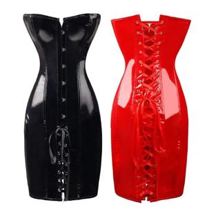 핫 레드 블랙 바디 슬림 PVC 코르셋 섹시한 클럽 긴 Bustier 드레스 긴 가죽 코르셋 섹시한 클럽 드레스 할로윈 파티 Corselet