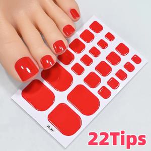 1Sheet=22Tips 광택 레드 발가락 네일 스티커 풀 커버 솔리드 컬러 프레스 발톱 패치 UV 베이킹 프리 풋 젤 폴리쉬 랩 #